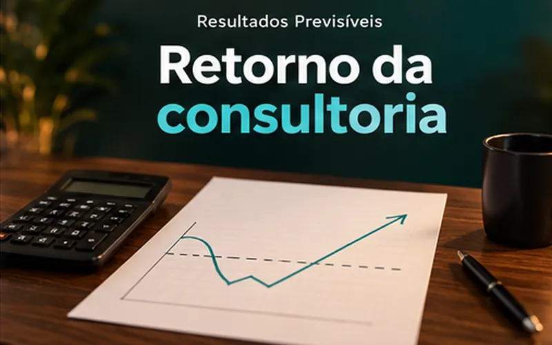 Mesa de escritório ao entardecer com calculadora, folha com uma linha que cai e volta a subir e caneca, sob o título Retorno da consultoria