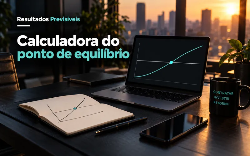 Mesa de escritório ao entardecer com notebook mostrando uma linha que cruza o ponto de equilíbrio, sob o título Calculadora do ponto de equilíbrio
