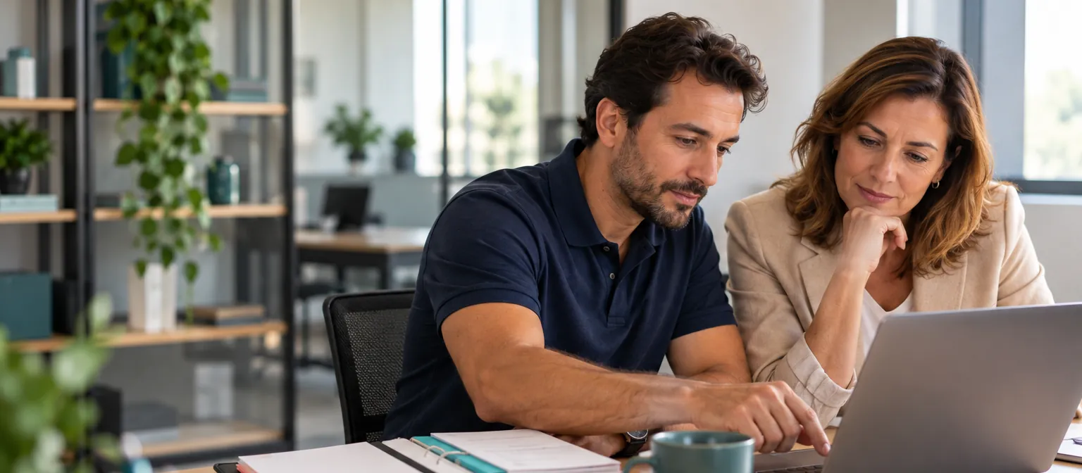 Vendedor e dona da empresa consultam juntos um notebook e uma pasta de fichas de clientes numa mesa de escritório.