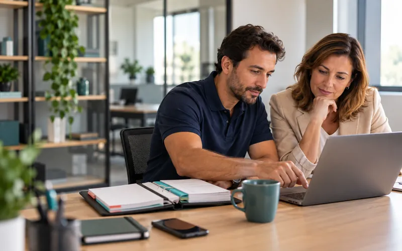 Vendedor e dona da empresa consultam juntos um notebook e uma pasta de fichas de clientes numa mesa de escritório.
