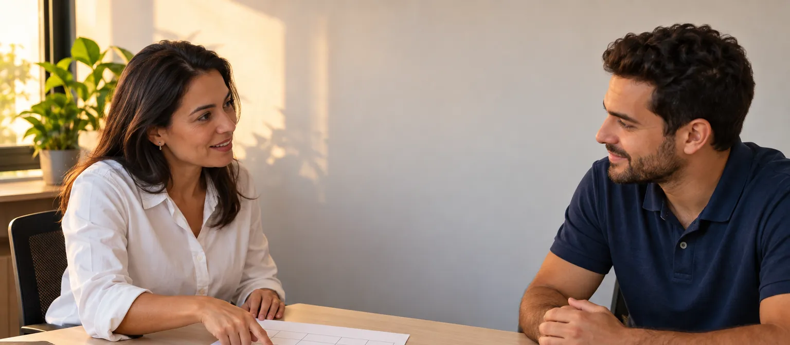 Gestora comercial e vendedor conferem juntos uma tabela e uma calculadora numa mesa de escritório.