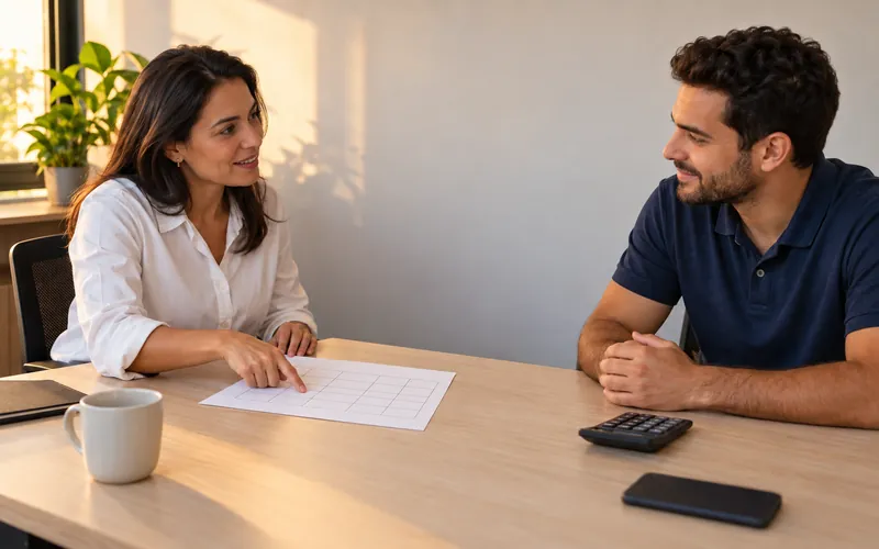 Gestora comercial e vendedor conferem juntos uma tabela e uma calculadora numa mesa de escritório.