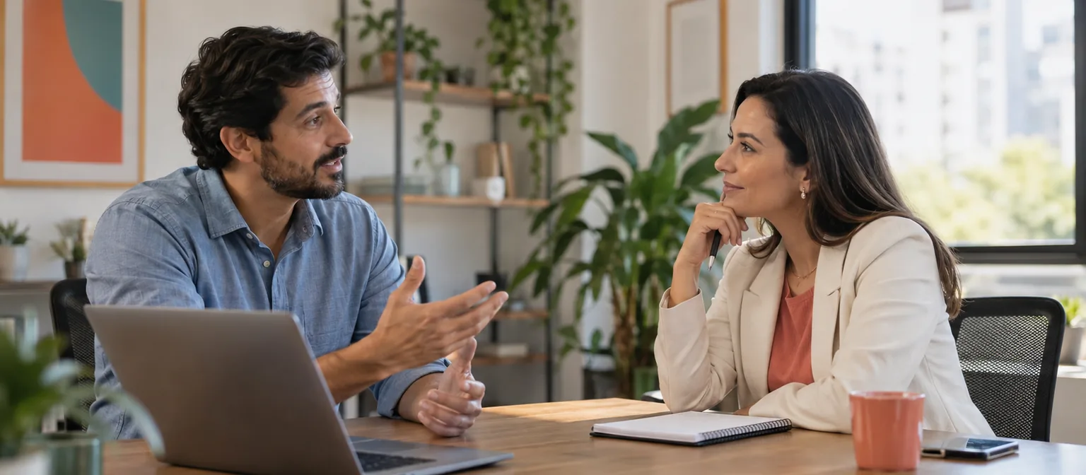 Duas pessoas conversando em uma reunião de negócios, uma explicando e a outra ouvindo com atenção.