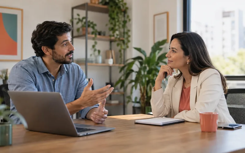 Duas pessoas conversando em uma reunião de negócios, uma explicando e a outra ouvindo com atenção.