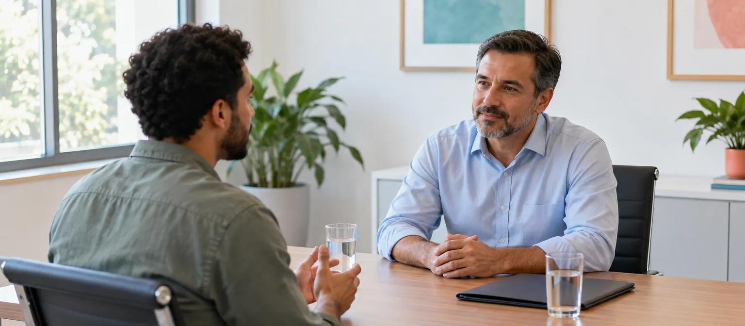 Entrevista em escritório claro: um homem de camisa azul conversa com um candidato sentado à sua frente, com copos de água sobre a mesa.
