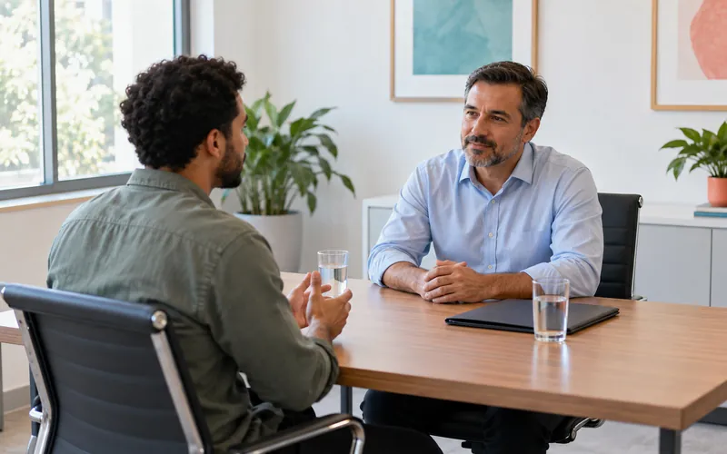 Entrevista em escritório claro: um homem de camisa azul conversa com um candidato sentado à sua frente, com copos de água sobre a mesa.