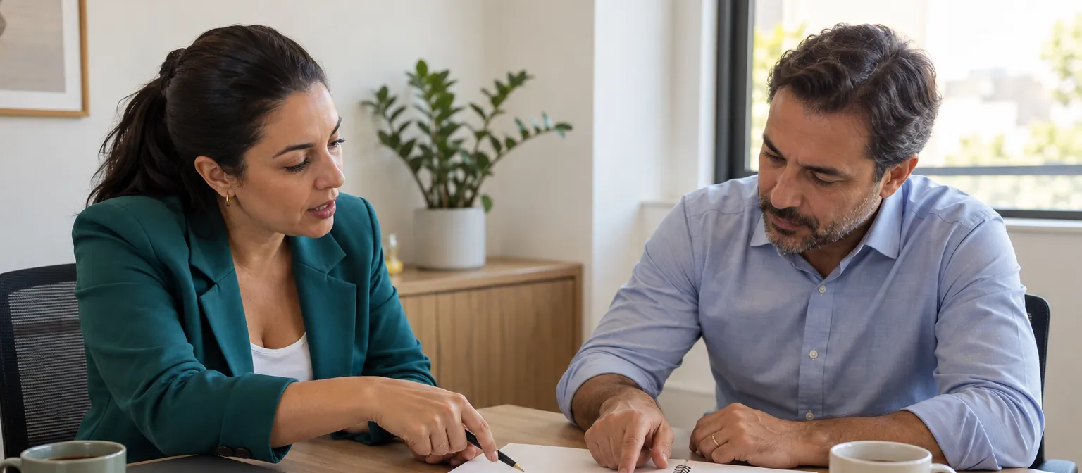 Consultora de vendas e dono de empresa conversam numa sala de reunião, apontando para um esboço de funil num caderno.