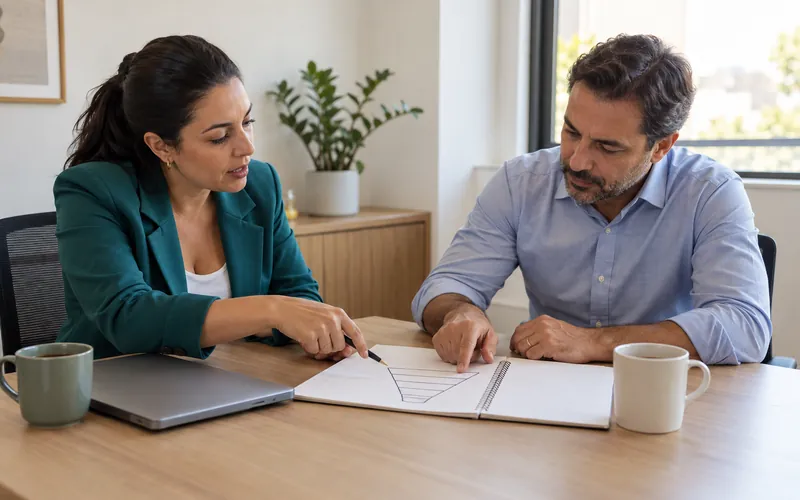 Consultora de vendas e dono de empresa conversam numa sala de reunião, apontando para um esboço de funil num caderno.