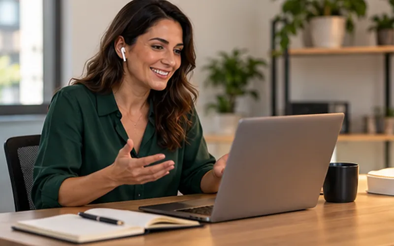 Consultora de vendas com fone de ouvido sem fio conversa sorrindo diante de um notebook, numa mesa de madeira com caderno e caneca.