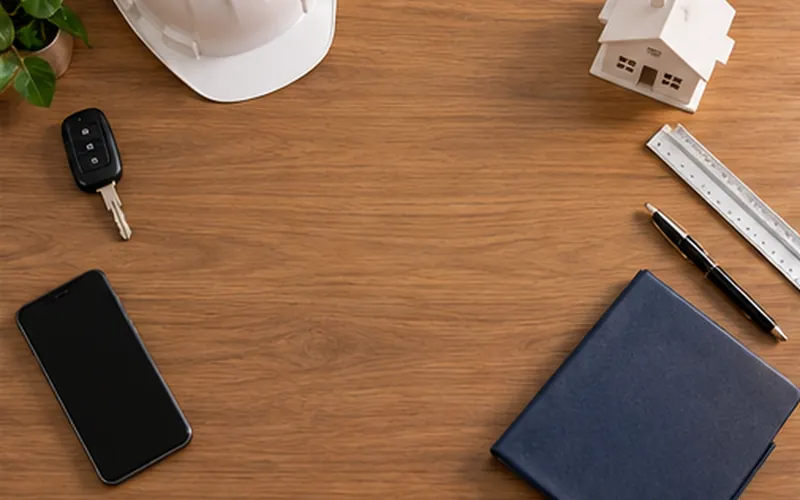 Objetos de mercados diferentes sobre uma mesa de madeira, vistos de cima: chave de carro, capacete de obra, maquete de casa, celular, régua e caderno.