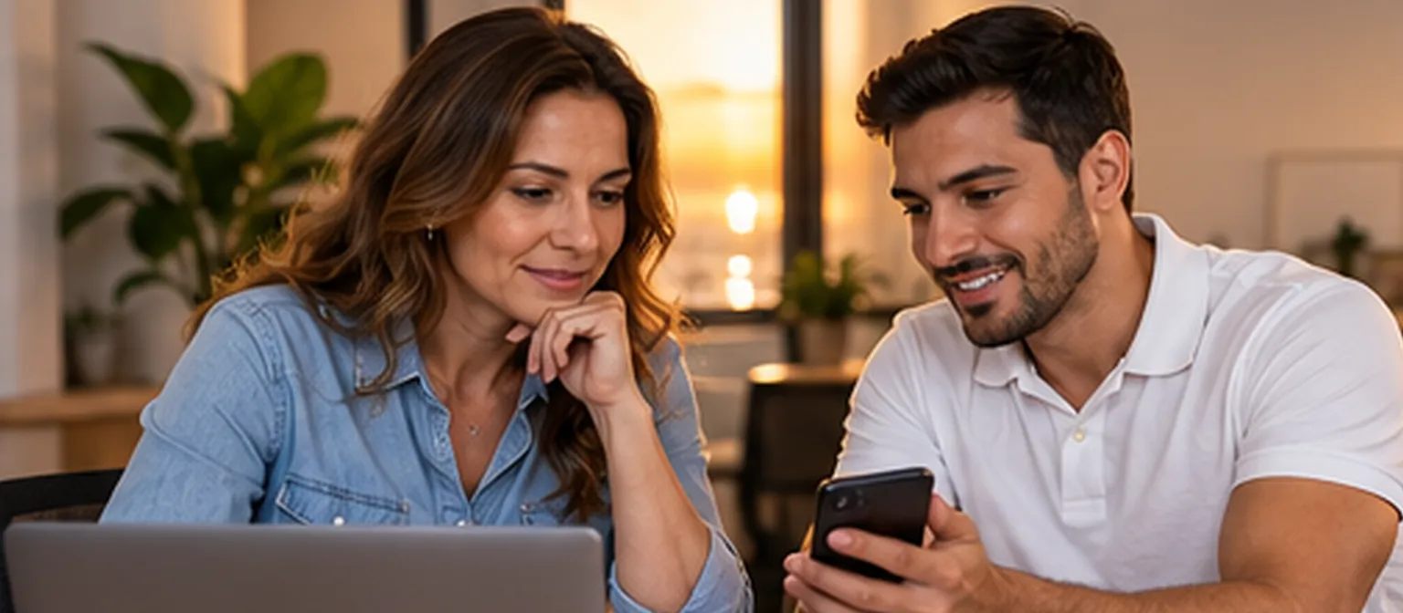 Empresária diante de um notebook e vendedor mostrando o celular, lado a lado numa mesa de escritório ao entardecer.