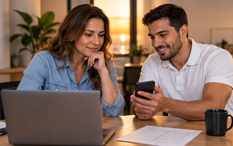 Empresária diante de um notebook e vendedor mostrando o celular, lado a lado numa mesa de escritório ao entardecer.