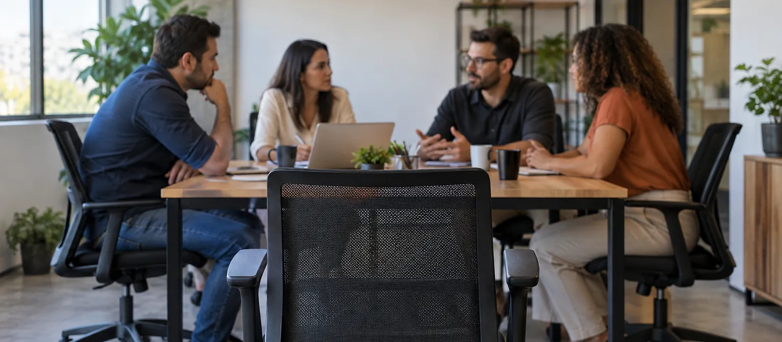 Equipe de vendas em volta de uma mesa, com uma cadeira vazia em primeiro plano.