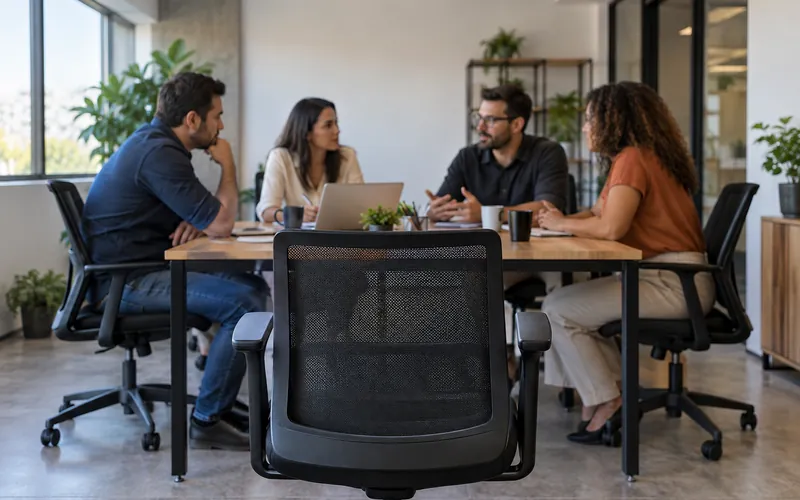 Equipe de vendas em volta de uma mesa, com uma cadeira vazia em primeiro plano.