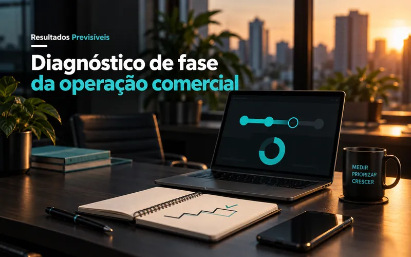 Mesa de escritório ao entardecer com notebook mostrando uma barra de progresso em quatro etapas, sob o título Diagnóstico de fase da operação comercial