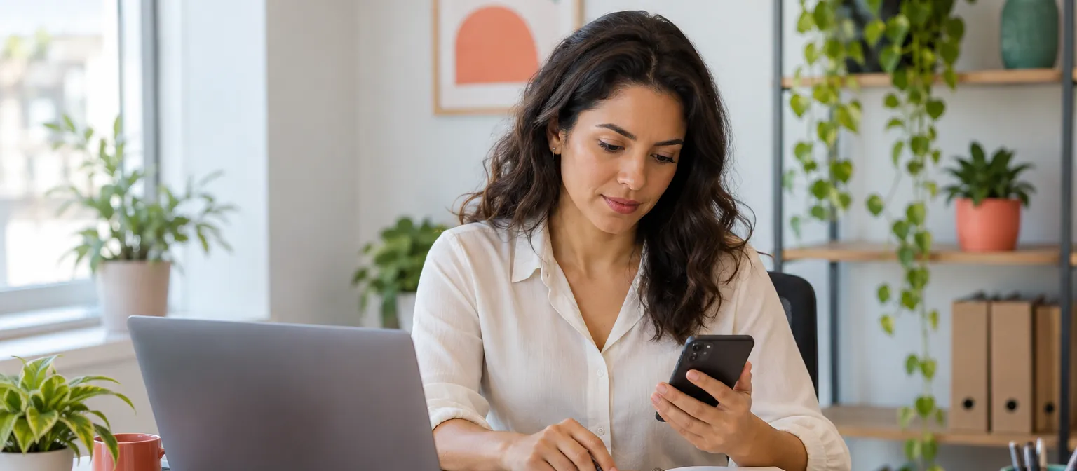 Vendedora em escritório claro, com celular na mão e notebook aberto, revisando anotações em uma agenda.