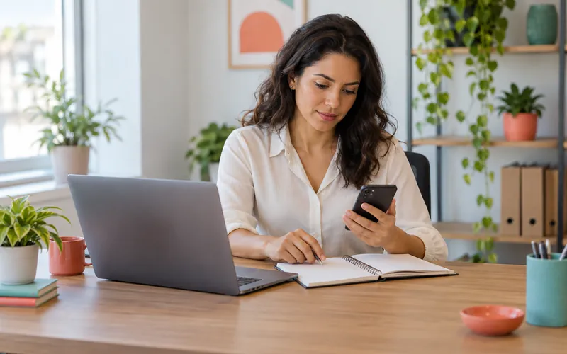 Vendedora retomando contato com um lead pelo celular, com anotações de follow-up sobre a mesa