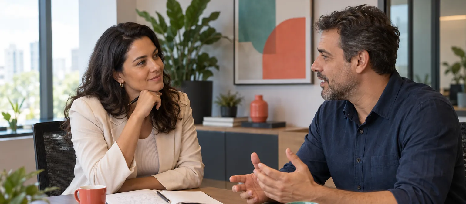Consultora de vendas ouvindo com atenção um empresário em uma reunião, criando confiança antes de apresentar a proposta