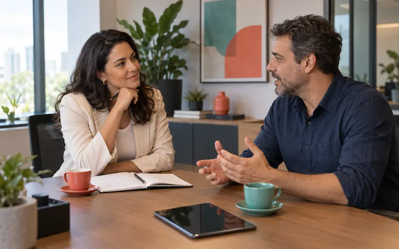 Consultora de vendas ouvindo com atenção um empresário em uma reunião, criando confiança antes de apresentar a proposta