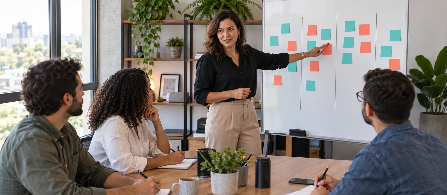 Especialista em vendas apresentando um quadro de planejamento com post-its para um pequeno grupo de empresários, que fazem anotações