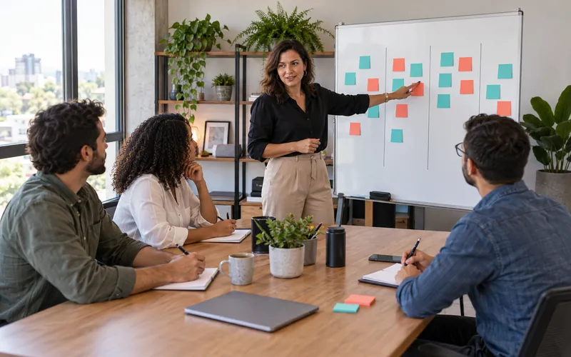 Especialista em vendas apresentando um quadro de planejamento com post-its para um pequeno grupo de empresários, que fazem anotações