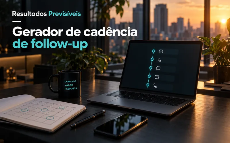 Mesa de escritório ao entardecer com notebook mostrando uma linha do tempo de contatos, sob o título Gerador de cadência de follow-up