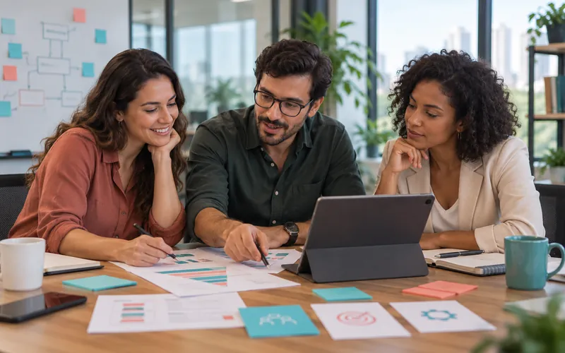 Time comercial analisando materiais de vendas impressos sobre a mesa, com funil, metas e processos