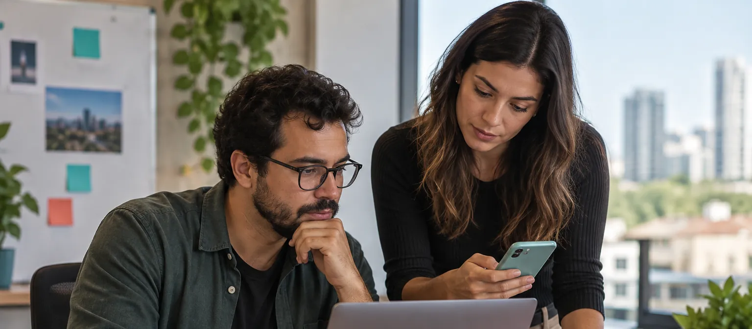 Dupla de vendedores preparando uma mensagem de prospecção no celular e no notebook