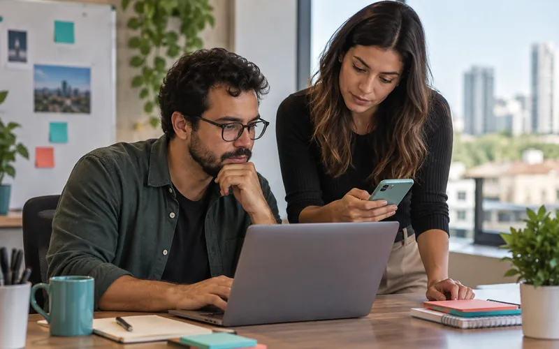 Dupla de vendedores preparando uma mensagem de prospecção no celular e no notebook