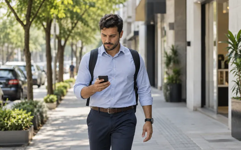 Vendedor de camisa azul e mochila caminha por uma calçada arborizada enquanto olha o celular.