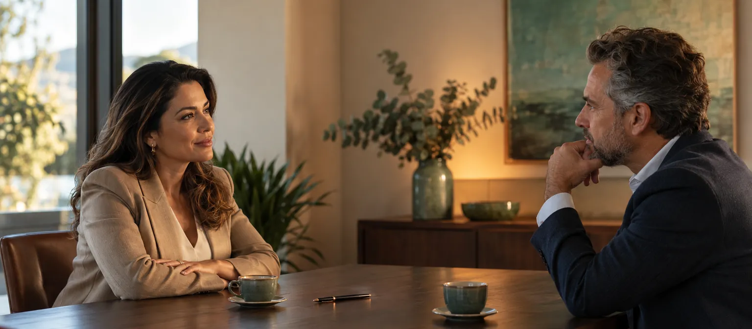 Empresária e cliente sentados frente a frente numa mesa de reunião, negociando com calma.