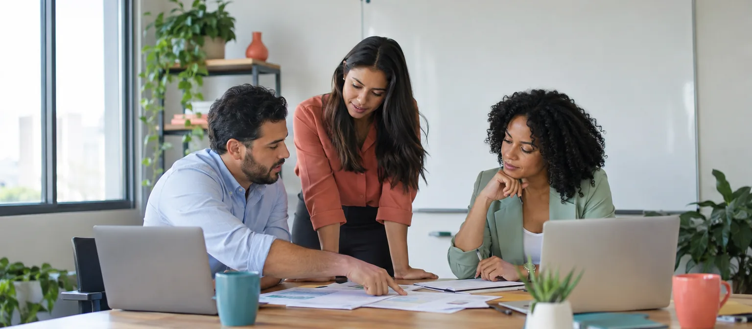 Três pessoas de uma equipe de vendas revisam papéis juntas em uma mesa, com notebooks e um quadro branco ao fundo.