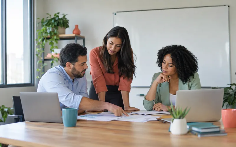Três pessoas de uma equipe de vendas revisam papéis juntas em uma mesa, com notebooks e um quadro branco ao fundo.