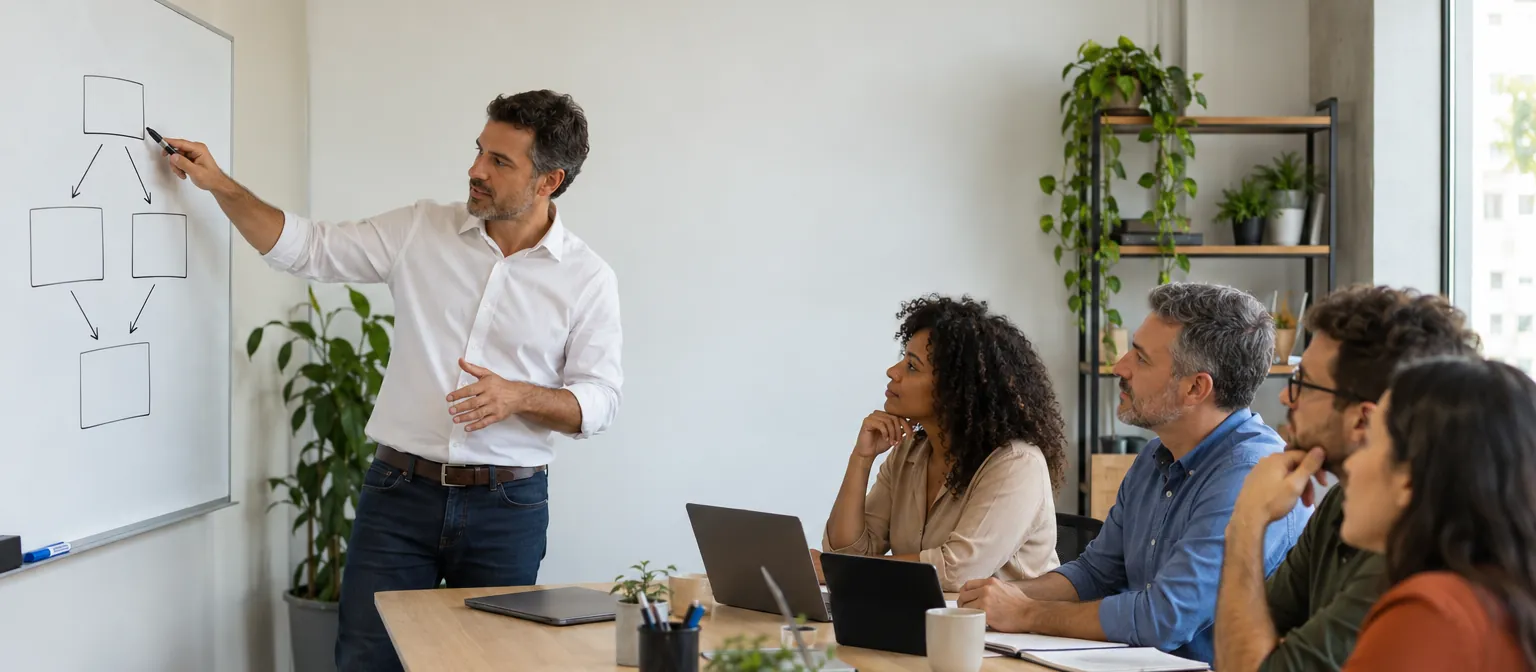 Gestor comercial aponta para um fluxo de etapas desenhado no quadro branco enquanto a equipe de vendas acompanha sentada.