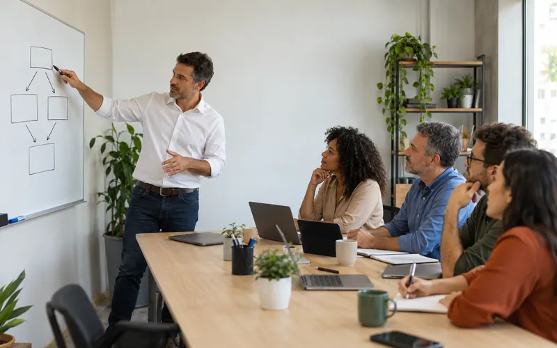 Gestor comercial aponta para um fluxo de etapas desenhado no quadro branco enquanto a equipe de vendas acompanha sentada.