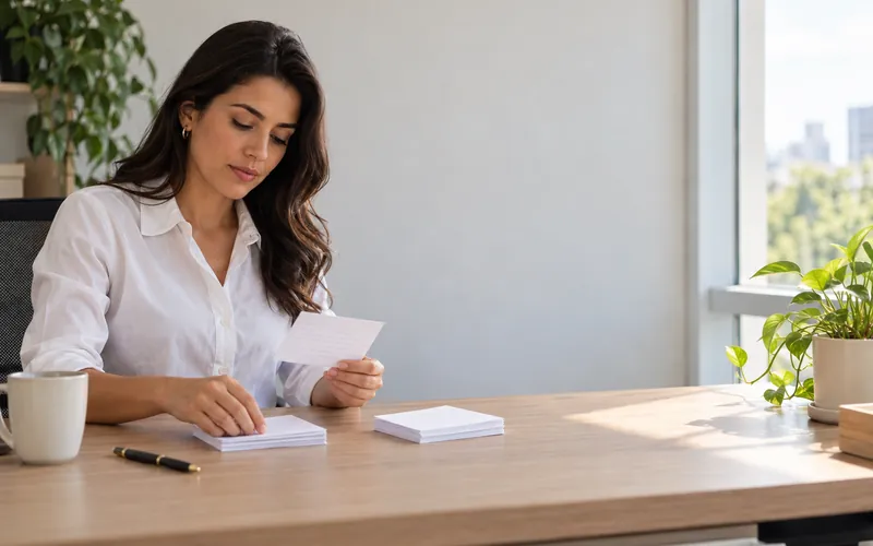 Vendedora faz a qualificação de leads separando fichas em duas pilhas, sentada à mesa de um escritório claro.