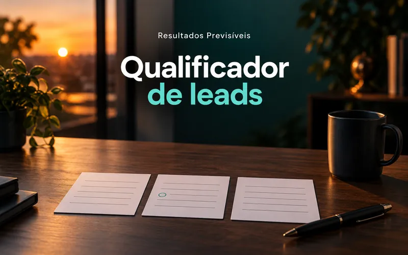 Mesa de escritório ao entardecer com três fichas de papel, caneta e caneca, sob o título Qualificador de leads