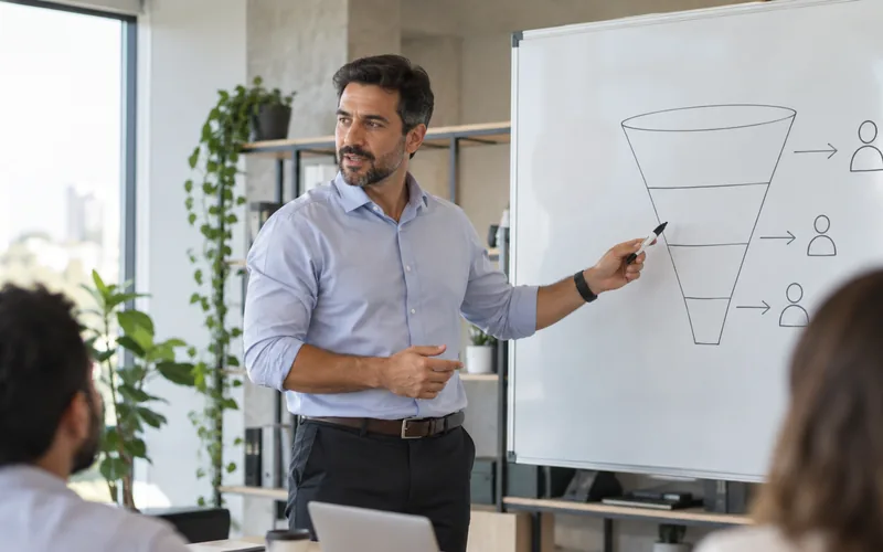 Gestor comercial apontando para um funil desenhado em um quadro branco durante uma reunião.