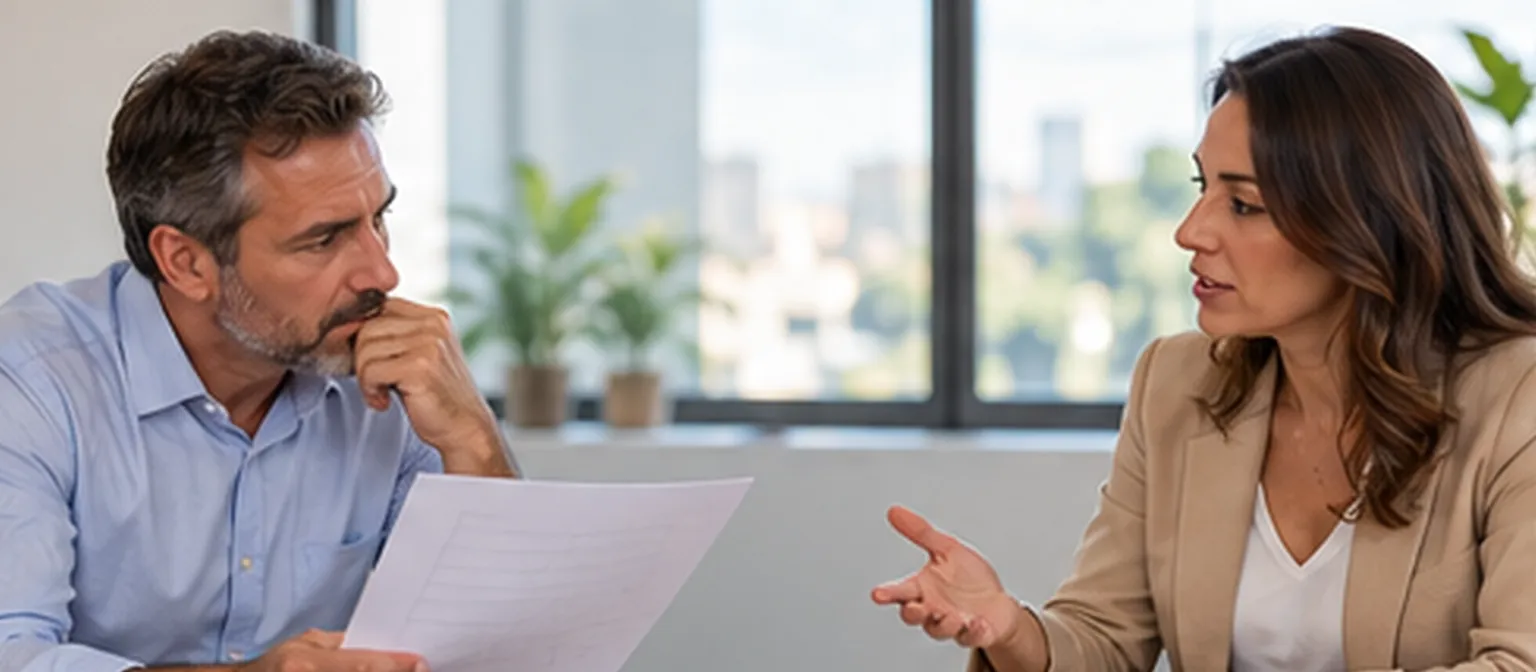 Dono de empresa e consultora revisam juntos uma proposta impressa numa mesa clara, com uma calculadora e um caderno aberto ao lado.