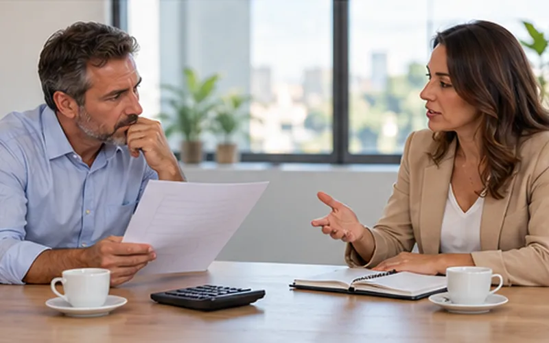 Dono de empresa e consultora revisam juntos uma proposta impressa numa mesa clara, com uma calculadora e um caderno aberto ao lado.