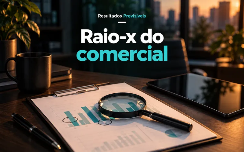 Mesa de escritório ao entardecer com prancheta, gráfico de barras, lupa e tablet, sob o título Raio-x do comercial