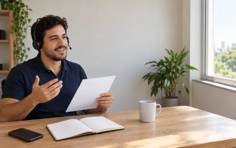 Vendedor usa um script de vendas impresso numa ligação com fone de ouvido, sentado à mesa de um escritório claro.