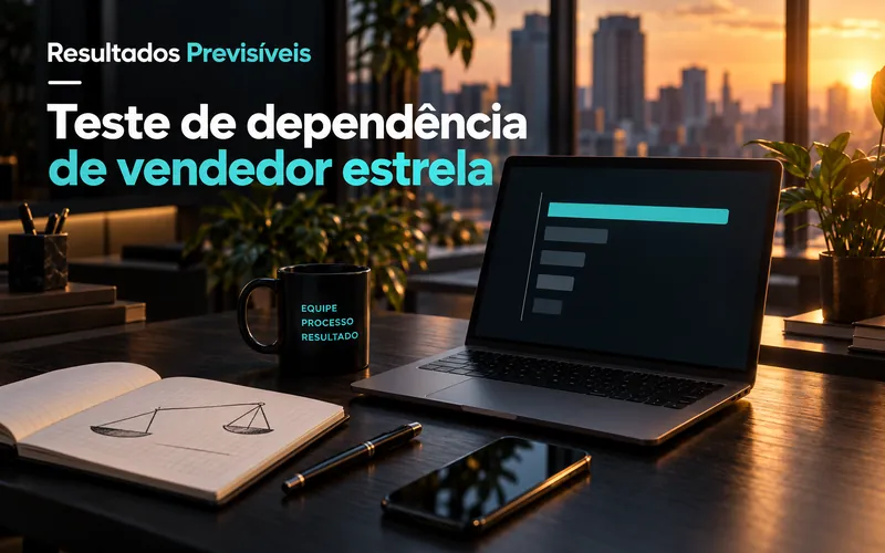 Mesa de escritório ao entardecer com notebook mostrando uma barra muito maior que as outras, sob o título Teste de dependência de vendedor estrela