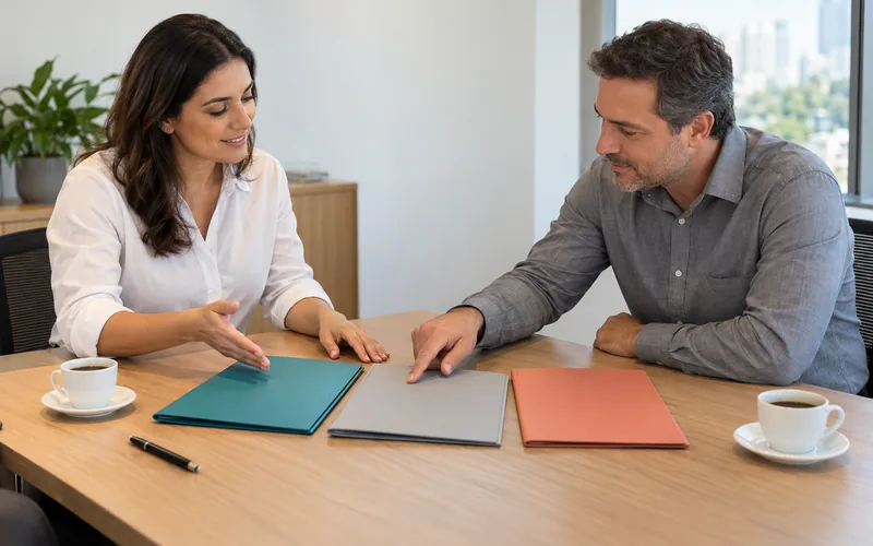Vendedora mostra três pastas coloridas a um cliente numa mesa de reunião clara, com duas xícaras de café.