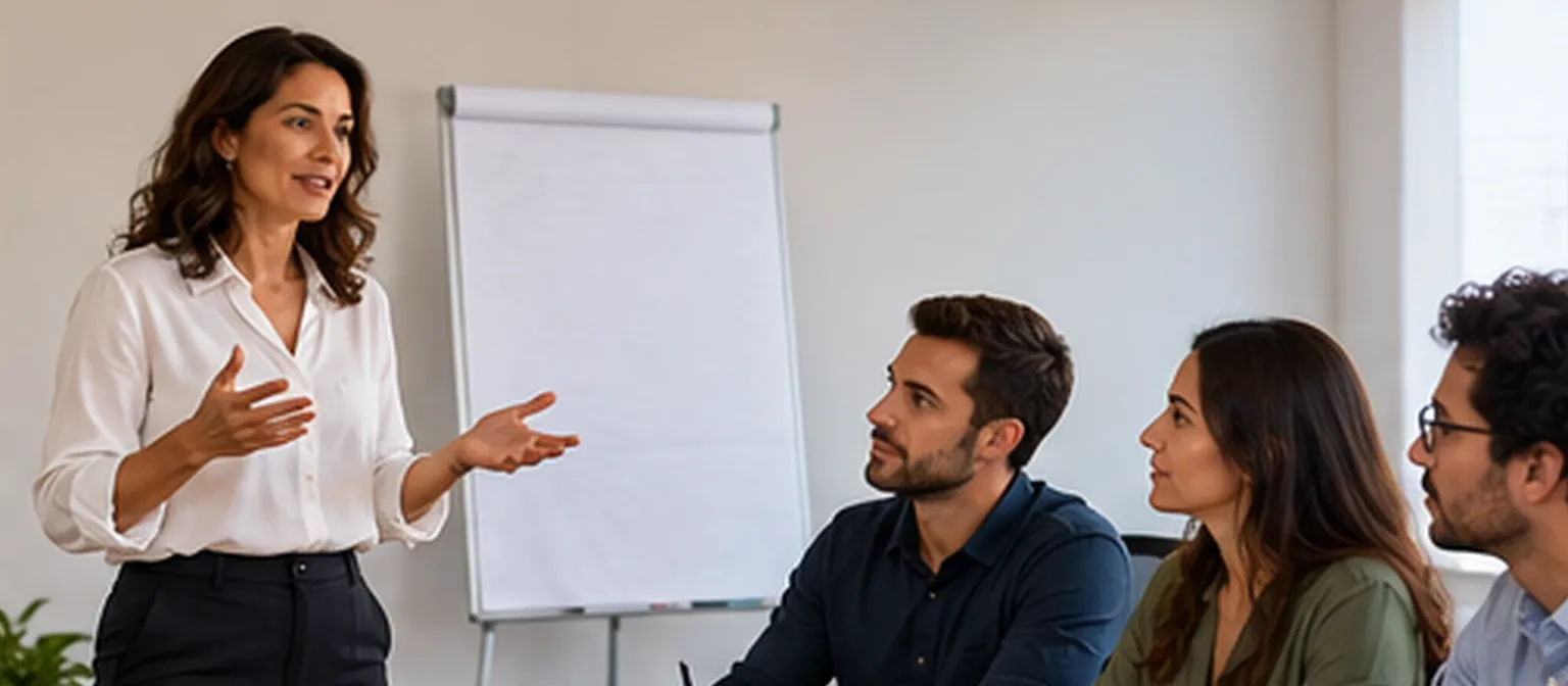 Gestora comercial em pé conduz um treinamento para uma pequena equipe de vendedores sentados ao redor de uma mesa, numa sala clara.