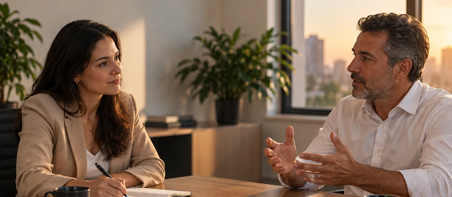 Vendedora faz venda consultiva: ouve e anota enquanto o empresário explica, sentados à mesa de uma sala de reunião ao fim da tarde.