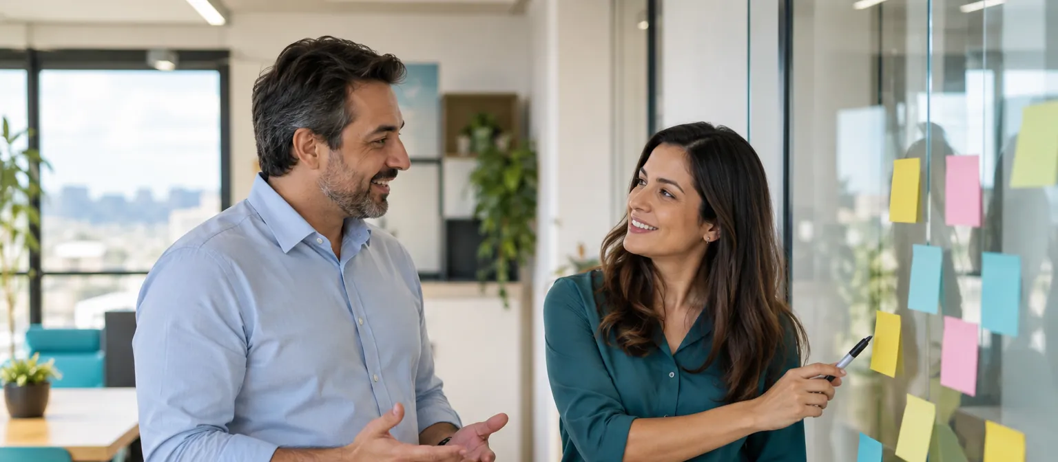 Dono de empresa e gerente comercial conversam diante de uma parede de vidro com notas adesivas coloridas, em um escritório claro