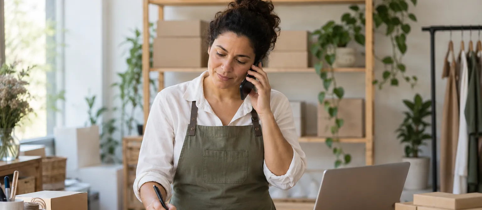 Microempreendedora de avental fala ao celular enquanto anota num caderno, com notebook e caixas de produtos sobre a mesa.