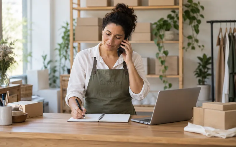 Microempreendedora de avental fala ao celular enquanto anota num caderno, com notebook e caixas de produtos sobre a mesa.